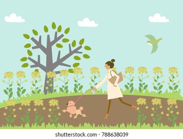 Dog walking. A woman and a dog. Image of spring. Illustration of the season.
Illustration of the season.