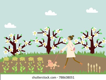 Dog walking. A woman and a dog. Image of spring. Illustration of the season.
Illustration of the season.