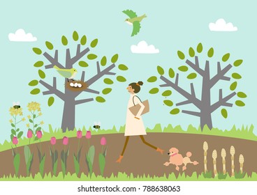 Dog walking. A woman and a dog. Image of spring. Illustration of the season.
Illustration of the season.