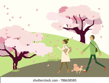  Dog walking.Scenery of cherry blossoms. A couple walking. Spring clip art. Illustration of the season.