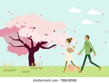  Dog walking.Scenery of cherry blossoms. A couple walking. Spring clip art. Illustration of the season.