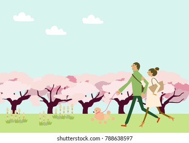  Dog walking.Scenery of cherry blossoms. A couple walking. Spring clip art. Illustration of the season.