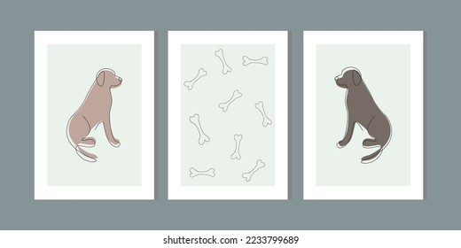 Dog wall art vector set. Earth tones animal line arts backgrounds dog bone paw  set. Abstract arts design for print, cover, wallpaper, Minimal and natural wall art vector illustration. 