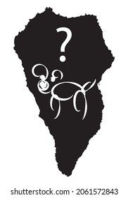 
Dog wanted on the island of La Palma. Silhouette of a dog in white outline on the silhouette of La Palma in black and a white question mark
