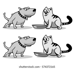 The dog wants to eat cat food. Isolated on white background. Vector black and gray flat illustration.