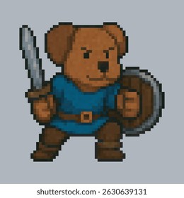 Dog warrior character in pixel art style with isolated background