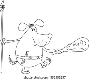 the dog warrior, holding in its paws a spear and a large cudgel, prehistoric dog, black and white funny picture on a transparent background