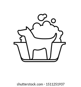 Dog Wash Icon. Line Style Silhouette Of A Dog In A Washing Bath With Foam.