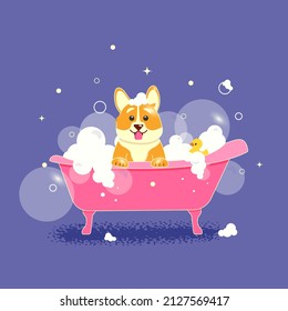 
the dog washes in a pink bath with foam and a yellow duck