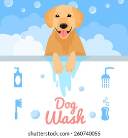 Dog washing in bath in flat style. Vector illustration