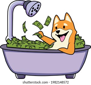 Dog washing with money in bath up character mascot vector cartoon illustration