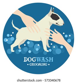 Dog washing Pet Grooming Bull terrier Design label Vector