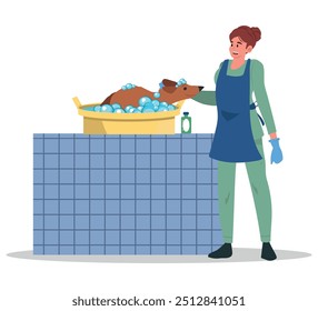 Dog washing service flat vector illustration. Hairdresser shampooing cute domestic animal cartoon character. Happy owner bathing pet in soap foam isolated clipart. Retriever puppy in grooming salon.