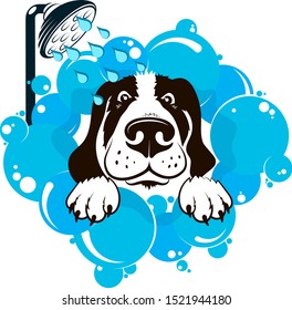 Dog washing in soap bubbles. Animal care cute illustration
