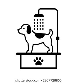 Dog washing station line icon with shower sprayer and tub for veterinary clinic, pet grooming, animal hygiene and dog care service