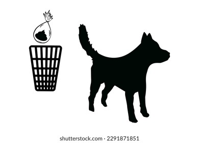 Dog waste garbage bin,disposal plastic bag with pet poop and dog silhouette on white background.Trash container for dog mess.Bag and refuse box for dog pooh.Clean up after your pet.Vector illustration