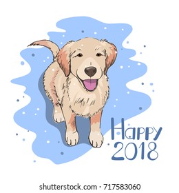 Dog watching snowflakes. Happy New 2018 Year concept. Winter season card, banner, flyer, etc. Vector illustration in eps8 format.