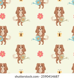 Dog Watering Can Spring Seamless Pattern. Pet Springtime Background with cute spaniel puppy gardening tools butterfly flower. Repeat vector illustration 