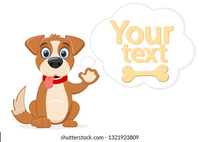 Dog waves his paw and thinks about the bone on a white. Place for text.