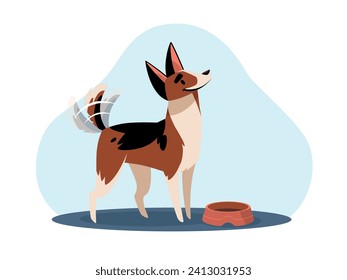 Perro agitando su cola y pidiendo comida a su amo. Mascota con tazón. Alimentando cachorro. Un gesto preponderante de lenguaje animal y emoción. Caricatura de perrito de Purebred concepto de vector aislado plano