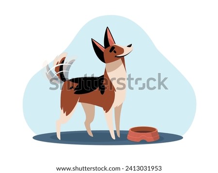 Dog waving his tail and asking for food from his master. Pet with bowl. Feeding puppy. Pleading gesture of animal language and emotion. Purebred doggy cartoon flat isolated vector concept
