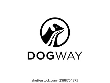 dog and way logo design. pet care white linear style concept element symbol vector illustration.