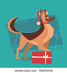 Dog Wear Santa Hat With Gift Box Happy New Year 2018 Zodiac Symbol Icon Flat Vector Illustration