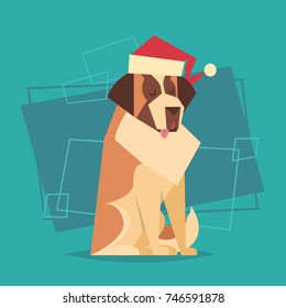Dog Wear Santa Hat Happy New Year 2018 Zodiac Symbol Icon Flat Vector Illustration