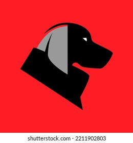 Dog wearing bandana in profile portrait symbol on red backdrop. Design element	