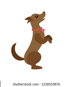 Dog Wearing Bow On Neck, Pet Canine Jumping Up Vector. Animal In Veterinary, Isolated Icon Of Domesticated Mammal. Friendly Hound Wagging Tail Happy