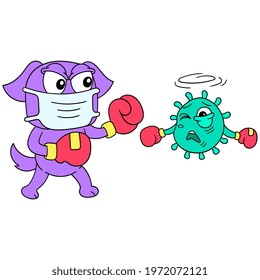 dog wearing boxing gloves fighting against covid virus, vector illustration art. doodle icon image kawaii.