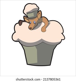 Dog wearing a chefs hat on top of a muffin