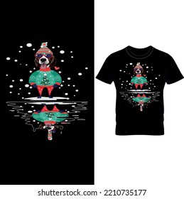 A dog wearing a Christmas hat and Ugly sweater after a Christmas celebration course in his fall in the water press-Christmas T-shirt Design Vector.Eps File.