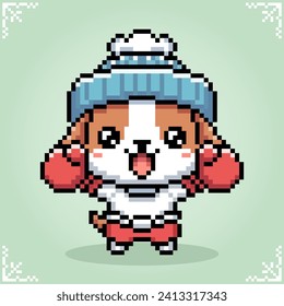 Dog wearing costume boxing in 8 bits pixel art. Animals for asset games and cross stitch pattern in vector illustrations