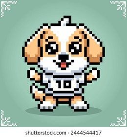 Dog wearing costume football in 8 bits pixel art. Animals for asset games and cross stitch pattern in vector illustrations