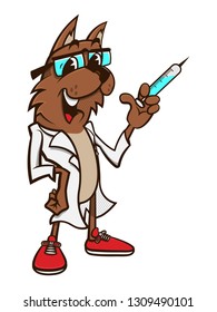 Dog wearing doctors uniform and carry a syringe, disease immunization counseling for pet or kid cartoon vector