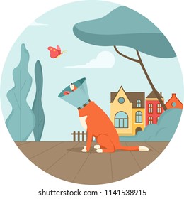 Dog wearing an Elizabethan collar in the city, flat vector illustration.