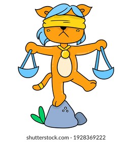 ein Hund mit einem Augenpflaster trägt eine Skala, die die Rechtsgerechtigkeit symbolisiert, Vektorgrafik. doodle Symbol-Bild kawaii.