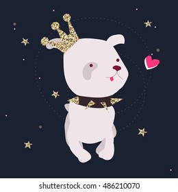 Dog wearing fashion crown, snowflakes, stars.Hand drawn vector illustration .Ready for t-shirt design or party birthday invitation, wrap paper.