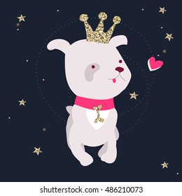 Dog wearing fashion crown, snowflakes, stars.Hand drawn vector illustration .Ready for t-shirt design or party birthday invitation, wrap paper.