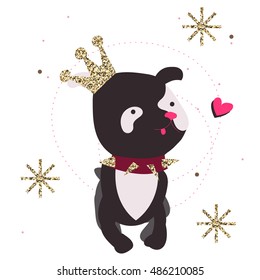 Dog wearing fashion crown, snowflakes, stars.Hand drawn vector illustration .Ready for t-shirt design or party birthday invitation, wrap paper.