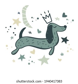 Dog wearing fashion crown, stars, moon. Hand drawn vector illustration. Ready for t-shirt design or party birthday invitation, wrap paper.