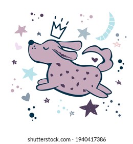 Dog wearing fashion crown, stars, moon. Hand drawn vector illustration. Ready for t-shirt design or party birthday invitation, wrap paper.