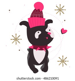 Dog wearing fashion winter hat, snowflakes, stars.Hand drawn vector illustration .Ready for t-shirt design or party birthday invitation, wrap paper.