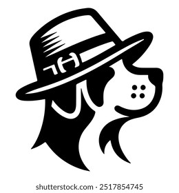 A dog wearing a hat with a black silhouette on a white background