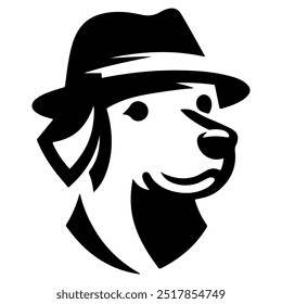 A dog wearing a hat with a black silhouette on a white background