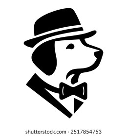 A dog wearing a hat with a black silhouette on a white background