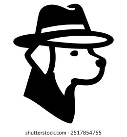 A dog wearing a hat with a black silhouette on a white background