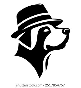 A dog wearing a hat with a black silhouette on a white background