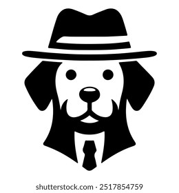 A dog wearing a hat with a black silhouette on a white background